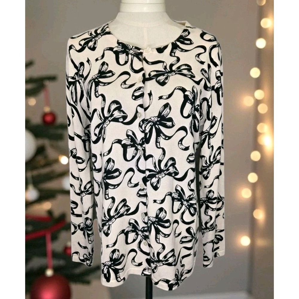 Talbots Women's Medium Bow Print Long Sleeve Top Black White Lightweight Classic